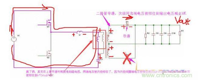 上管開通，注意諧振電感、勵磁電感、諧振電容的正負