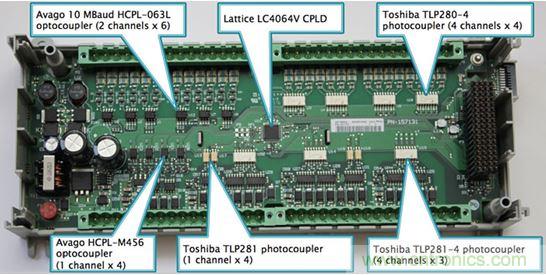 圖2：Rockwell選擇光耦作為Micro850 PLC的數字I/O電路板上的設備輸入和輸出端的核心隔離策略。
