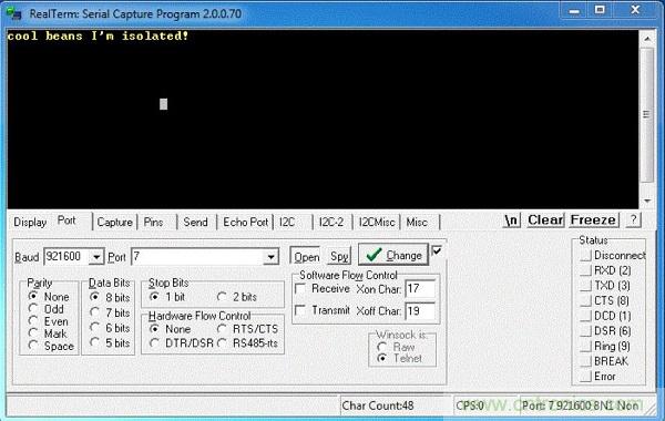  圖6：隔離型USB-to-UART轉換器的環回測試。