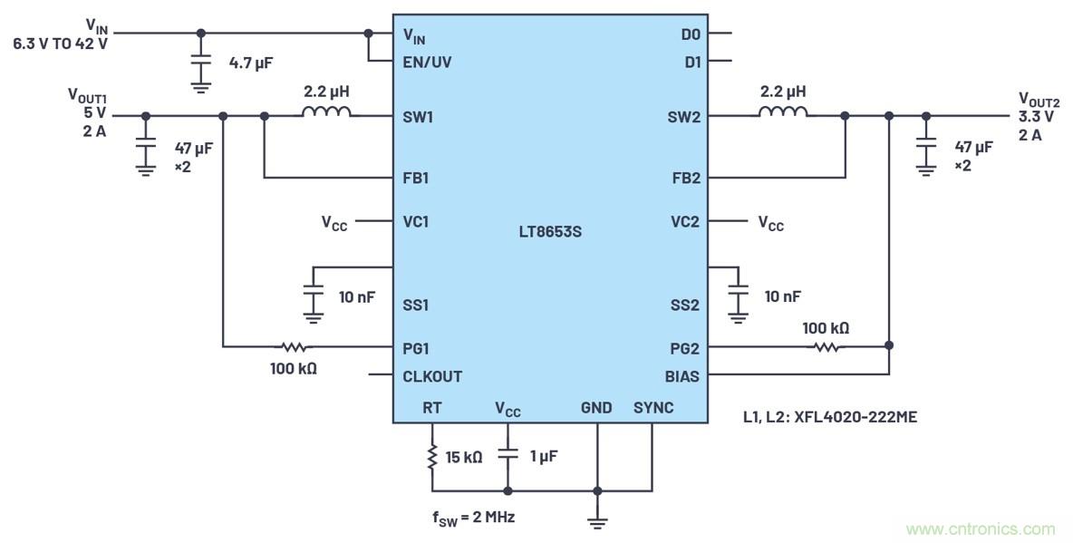 具有6.2 µA靜態電流的雙通道、42 V、2 A、單片、同步降壓型Silent Switcher 2穩壓器