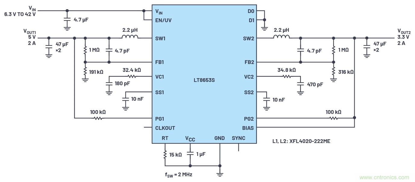 具有6.2 µA靜態電流的雙通道、42 V、2 A、單片、同步降壓型Silent Switcher 2穩壓器