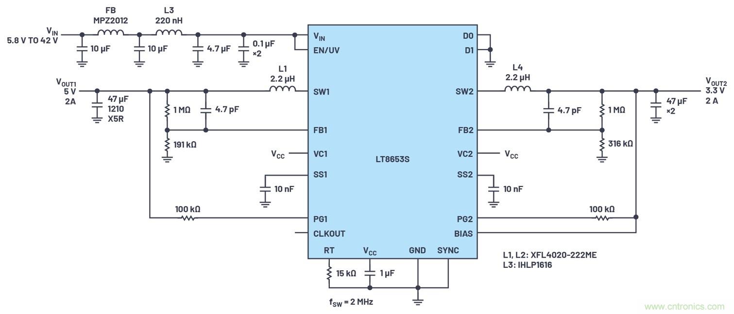 具有6.2 µA靜態電流的雙通道、42 V、2 A、單片、同步降壓型Silent Switcher 2穩壓器